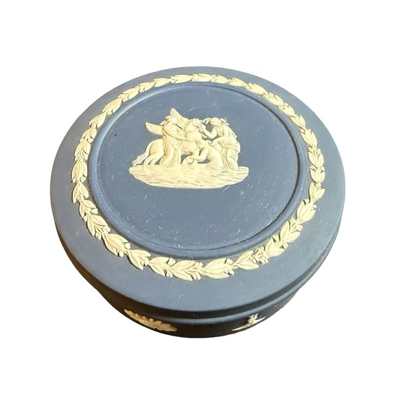 Wedgwood Other - Wedgwood Trinket Box Blue Jasperware 4" Round‎ Pegasus Relief Vintage Cameo